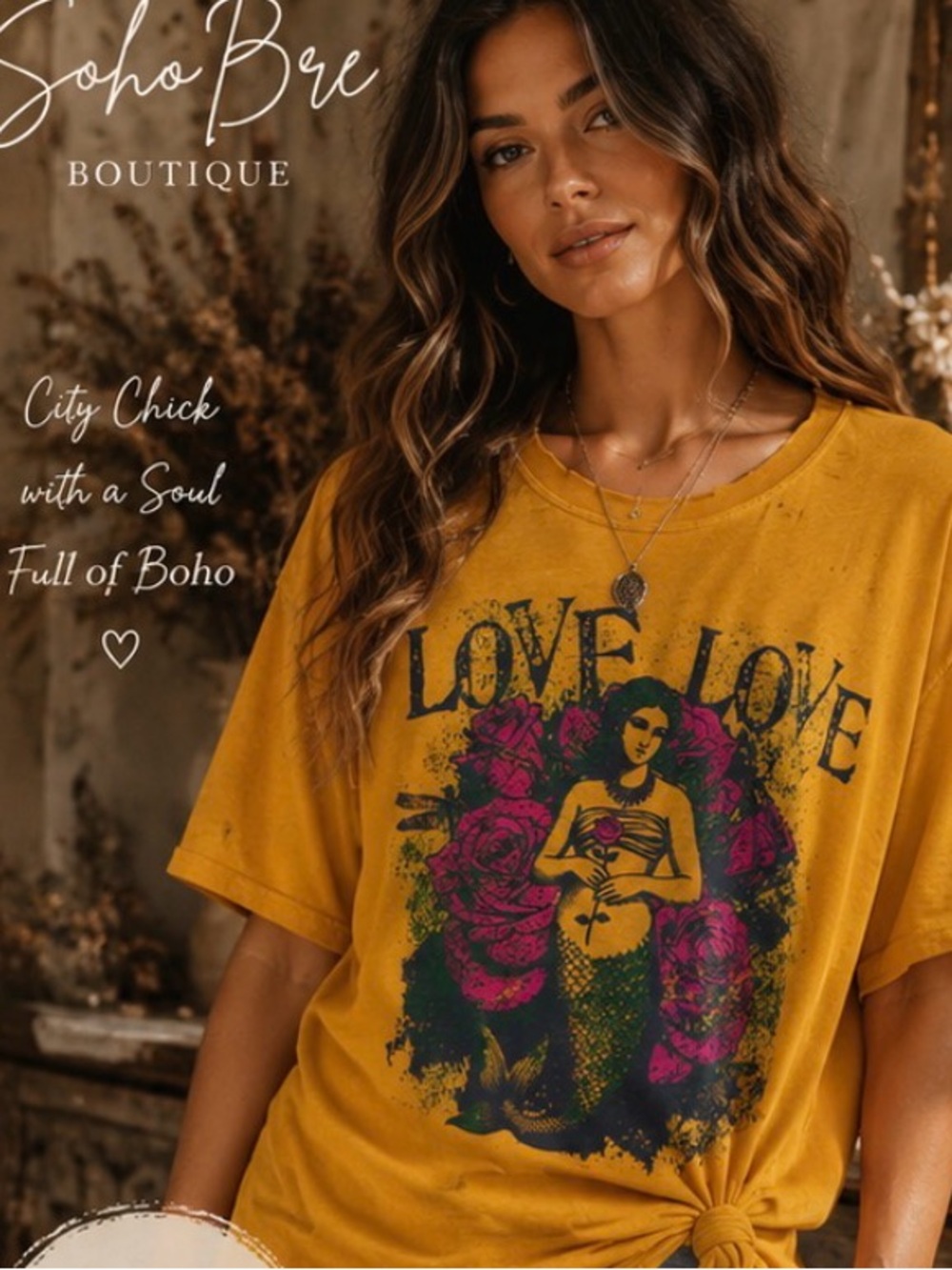 I LOVE LINEN Distressed Tee with "Love Love" Type & Mermaid
Graphic 100% cotton